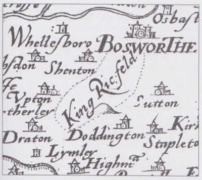 Figure 6: Extract from Saxton's 1576 map of England showing the location of the Battle of Bosworth as 'King<br />
Ric. feld' (after Foard & Curry 2013, 3).<br />